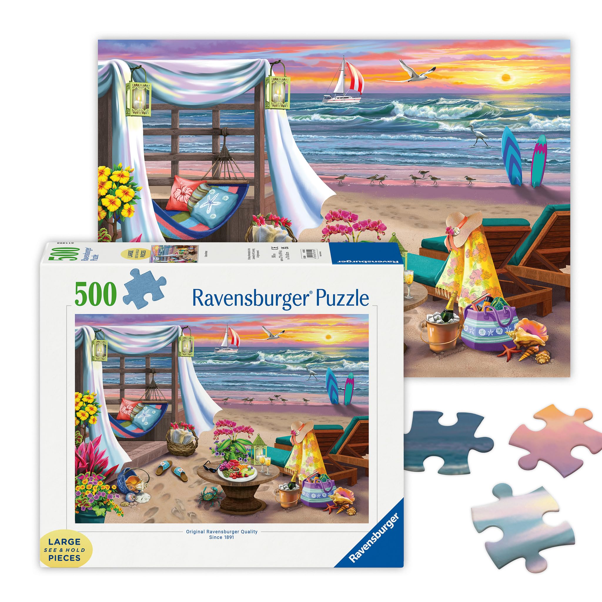 RavensburgerCabana Retreat - 500 Piece Large Format Jigsaw Puzzle - Enjoy Peaceful, Salty Breezes and a Stunning Ocean Sunset - Frameable - Premium Quality - Puzzles for AdultsThe Forest Stewardship Council