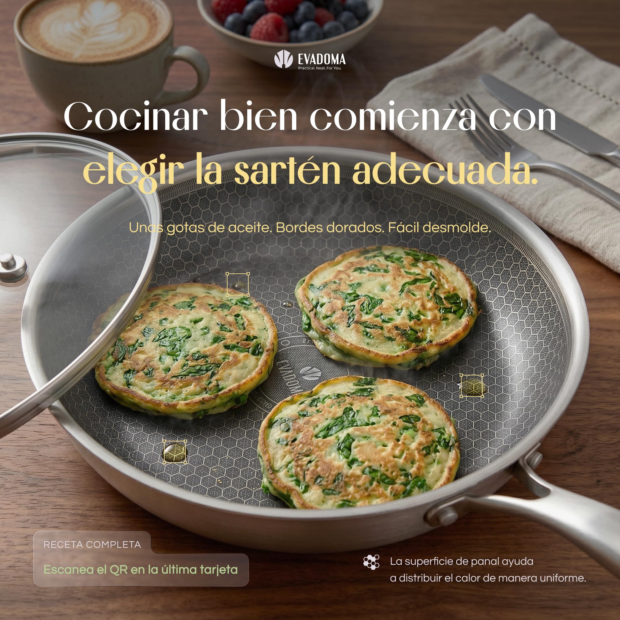 Sartén Antiadherente 24 cm con Tapa de Cristal | para Tortilla de Patatas, Huevos y Crepes | Apta para Todas las Cocinas y Horno | Acero Inoxidable Panal de Abeja | Sin PFOA