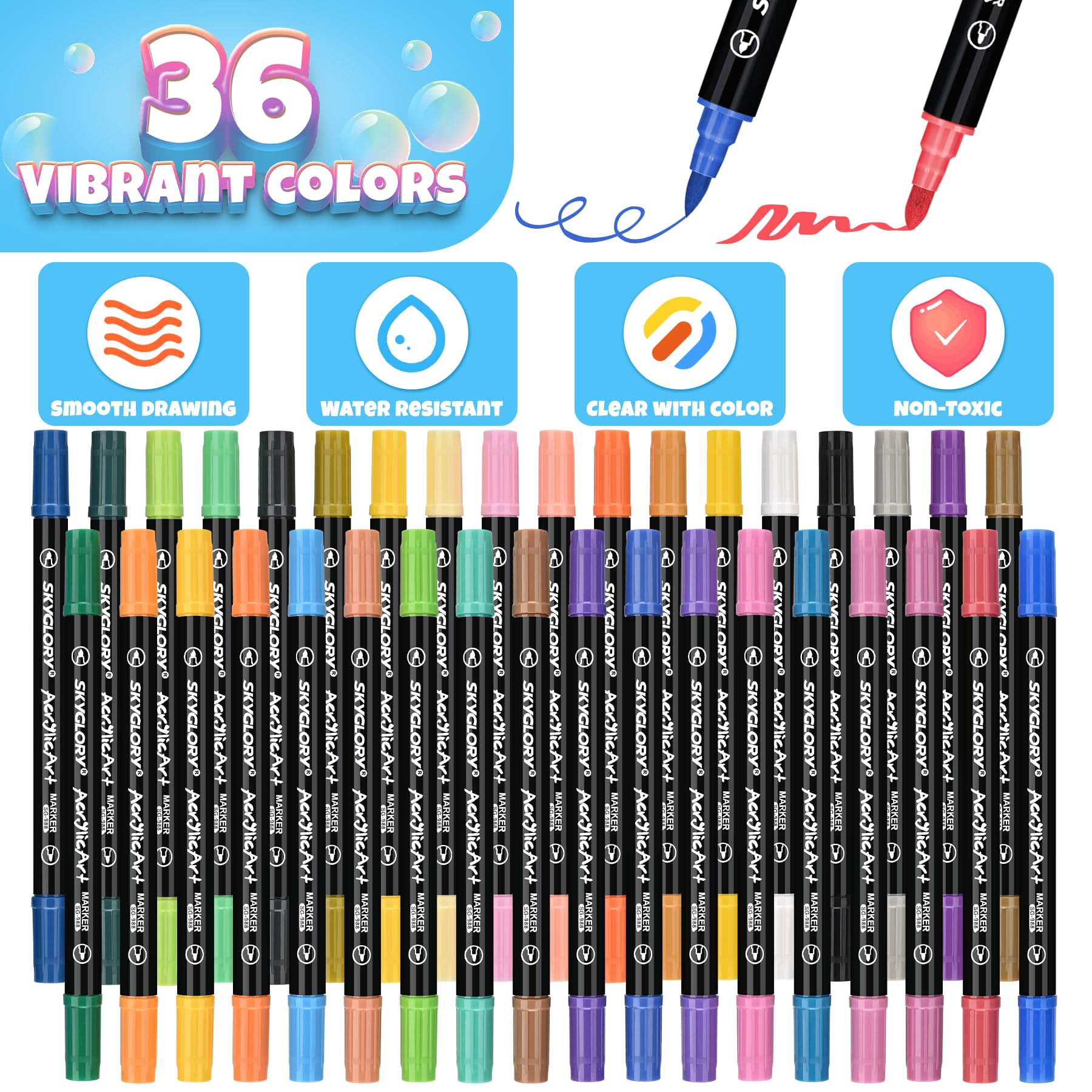 Damcyer Pennarelli a Vernice Acrilica 36 Colori Impermeabile Pennarelli Acrilici Doppia Punta Permanenti Pennarello Vernice Acrilico per Ceramica, Roccia, Stoffa, Foglie, Bottiglia di Vetro, DIY