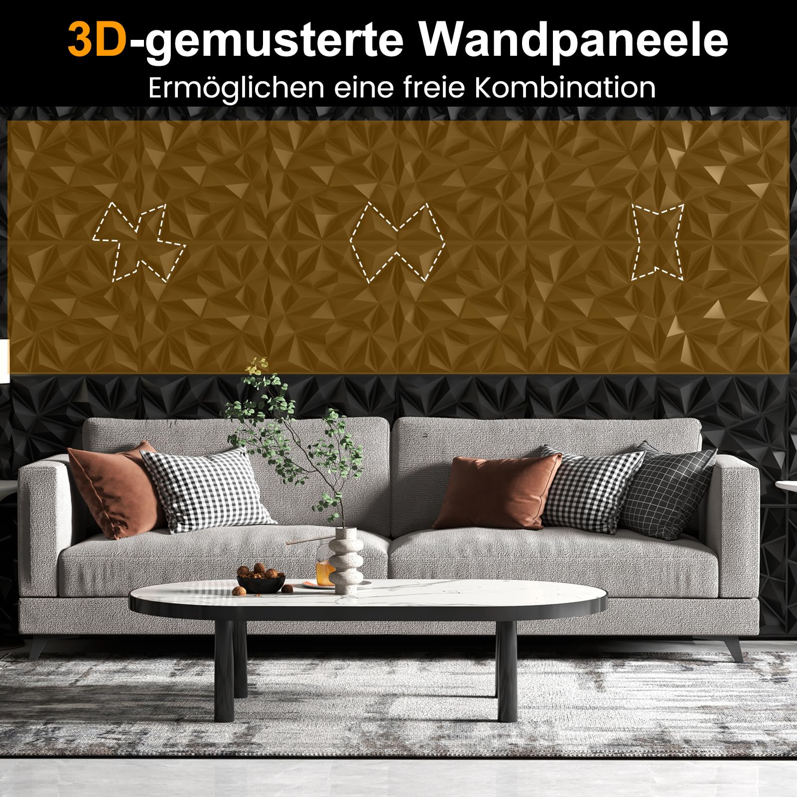 COSTWAY 40 sztuk paneli ściennych 3D, diamentowe, 50 x 50 cm, okładzina ścienna do wnętrz, płyty ścienne, panele sufitowe, PCW, 10 m², do salonu, sypialni (czarne)