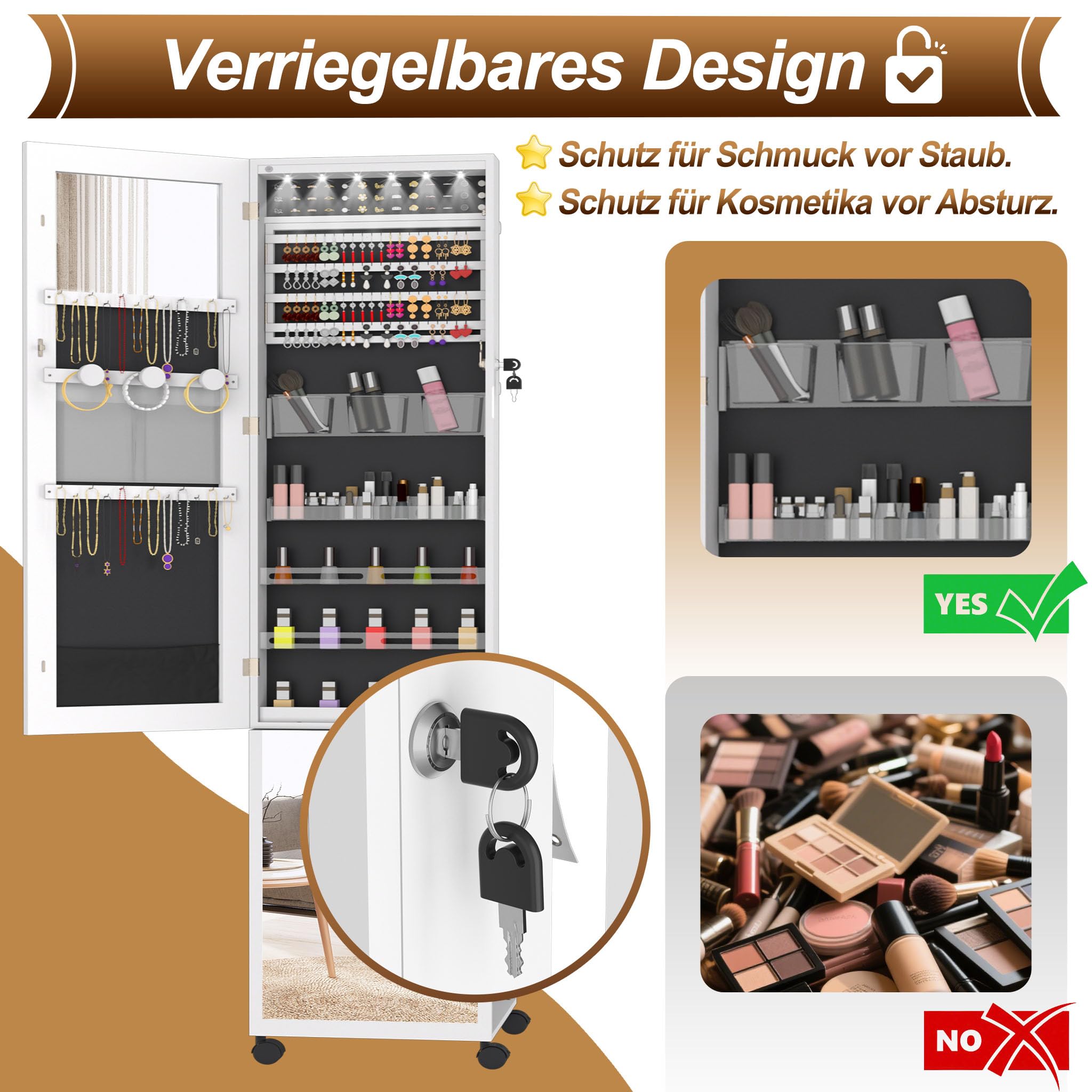 LZQ Schmuckschrank mit Spiegel und LED-Leuchten Spiegelschrank Abschließbar Schmuckorganisator mit Rädern und Ablagen 3-in-1 Schmuckaufbewahrung Schmuck-Organizer, 36 x 40 x 170 cm, Weiß