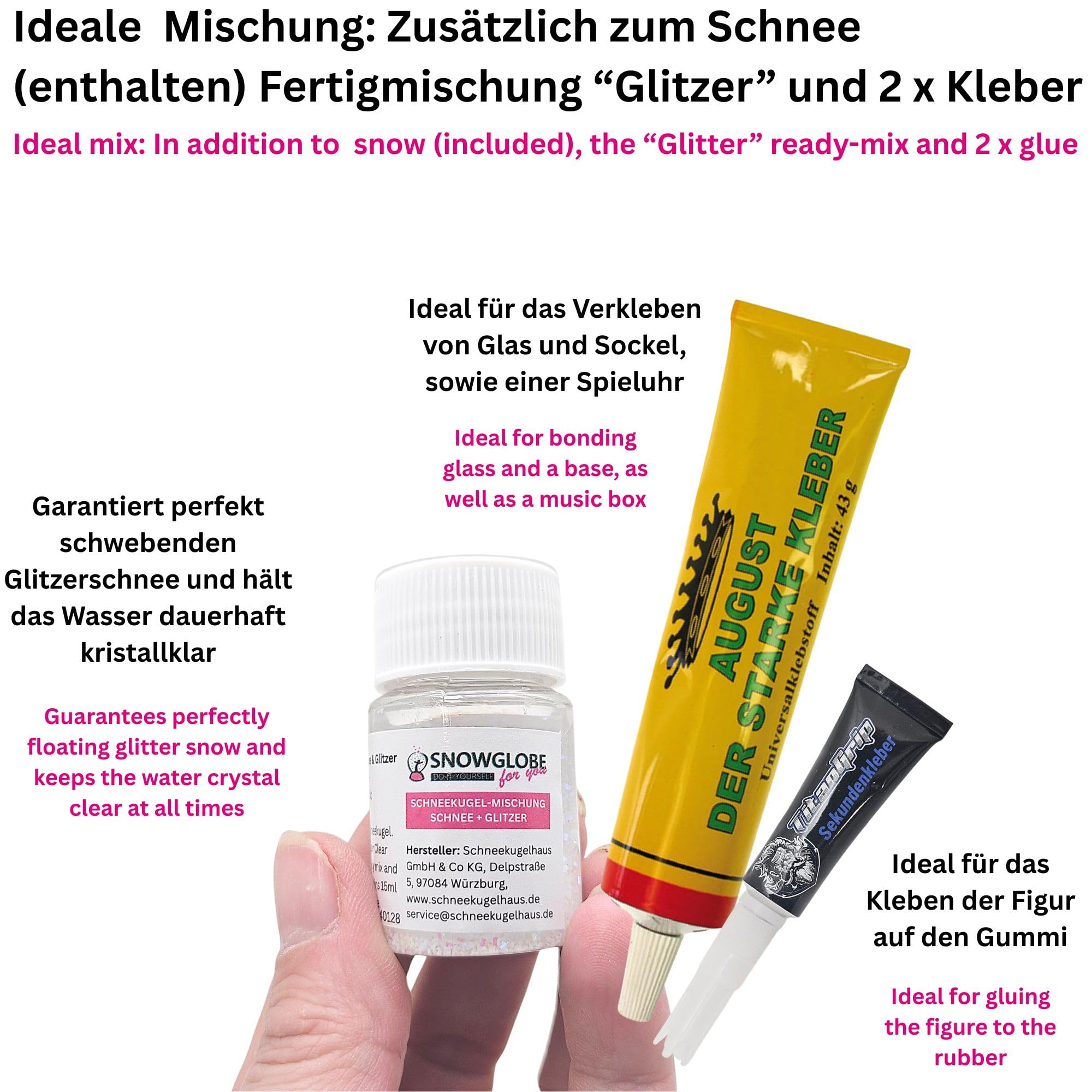 DIY-Komplettset m. 1 x Schnee, Glitzer, Wasserklar & Kleber | Bastelset mit Glaskugel und Porzellansockel | Schüttelkugel individuell selbermachen | Breite: 150mm, Höhe:200mm | 40143