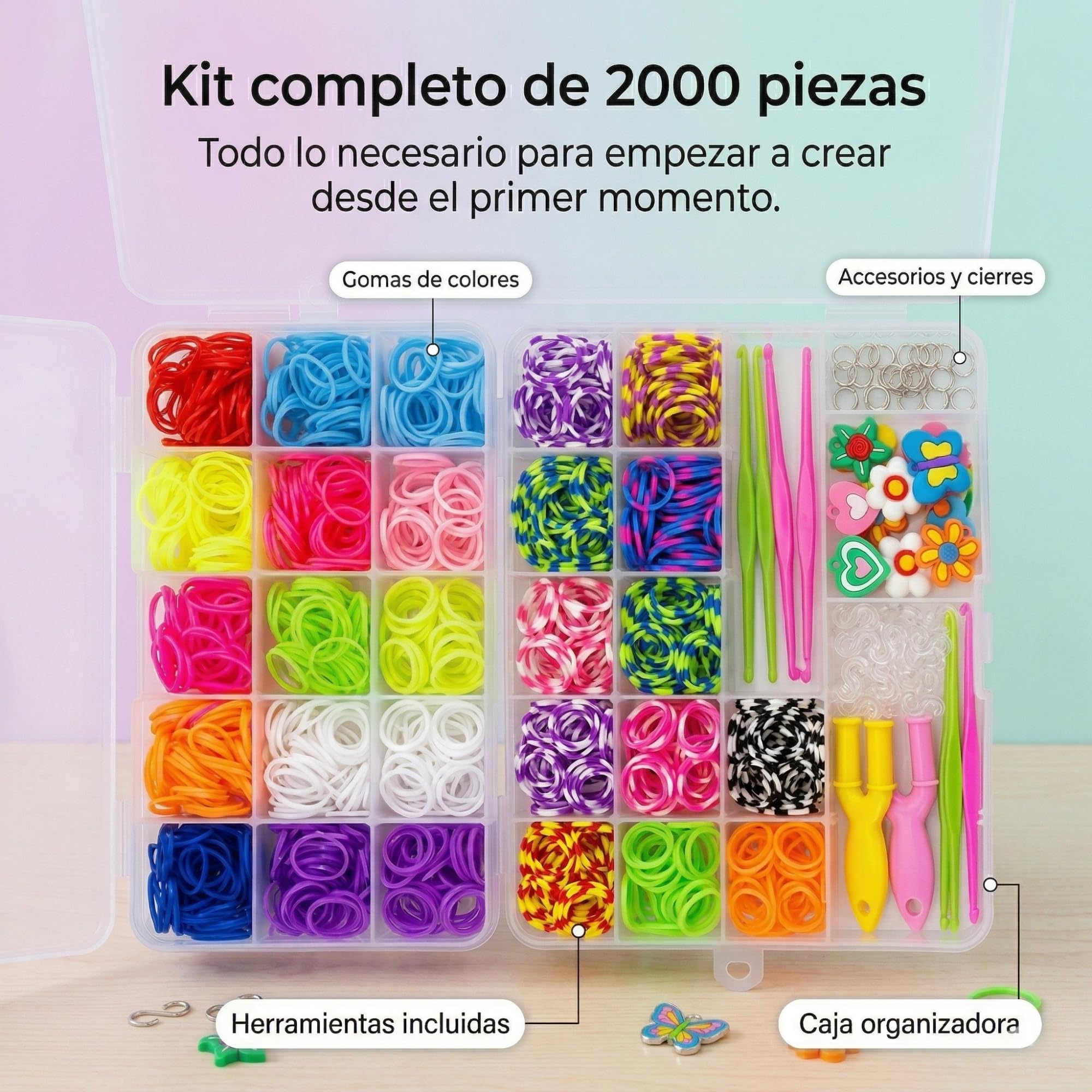 Kit gomas para hacer pulseras de 2000 piezas | Kit pulseras de 24 colores ideal para niña con abalorios y herramientas | Set creativo con cuentas para hacer pulseras, manualidades y regalo original - 4