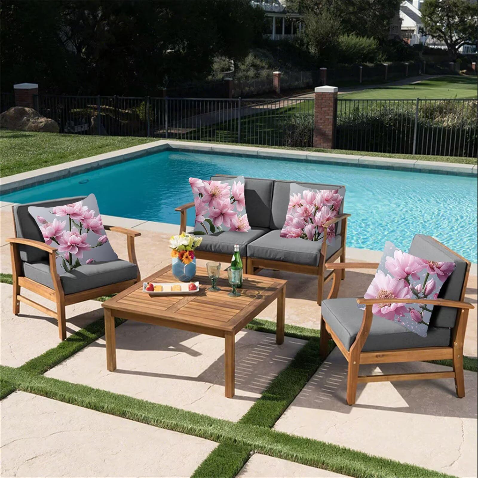 Kissenbezug 65x65 4er Set, Outdoor Kissen Grau Sofakissen, Wasserdicht Kissenbezüge Hellrosa Dekokissen mit Unsichtbarem Reißverschluss, Zierkissenbezüge für Schlafzimmer Sofa Stuhl Bett Garten G1-328