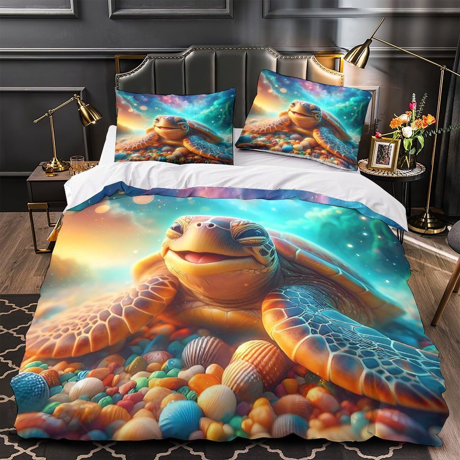 Parure de lit tortue marine décor sous-marin fantastique pour chambre de fille