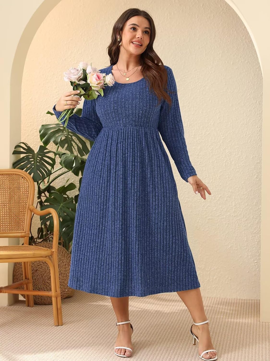 BELAROI Plus Size Sweater Dresses for Curvy Women Long Sleeve Maxi Dress Midi Fall Winter Outfits Scoop Neck Lighweight - Image 4