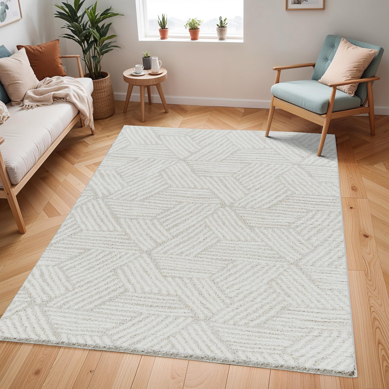 Livabliss ALLIE Shaggy Geometric Plush Pile Beige Area Rug 160 x 213 cm - 100% Polyester