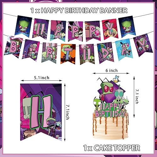 Miniatura 2 de Decoración de fiesta de cumpleaños de invasor, incluye pancarta de cumpleaños con tema Zim, decoración de pastel, globos de látex, para suministros