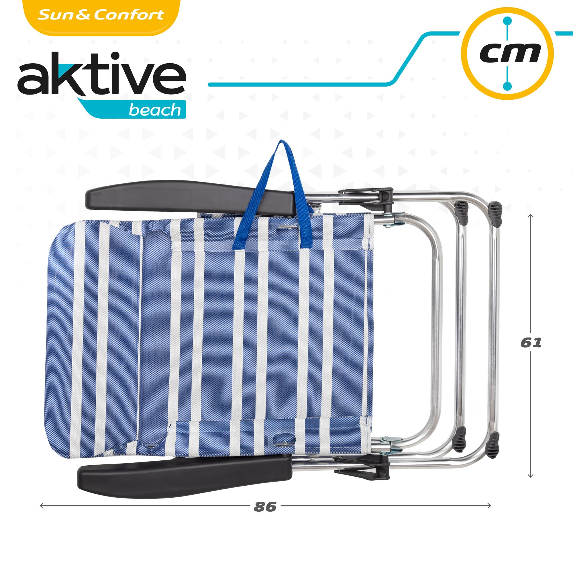 AKTIVE Camping - Lot de 2 Chaises de Plage Pliantes Mykonos, Multipositions avec Protections Anti-Renversement, Économique, 46,50 X 63 X 93 cm, Bleu et Blanc
