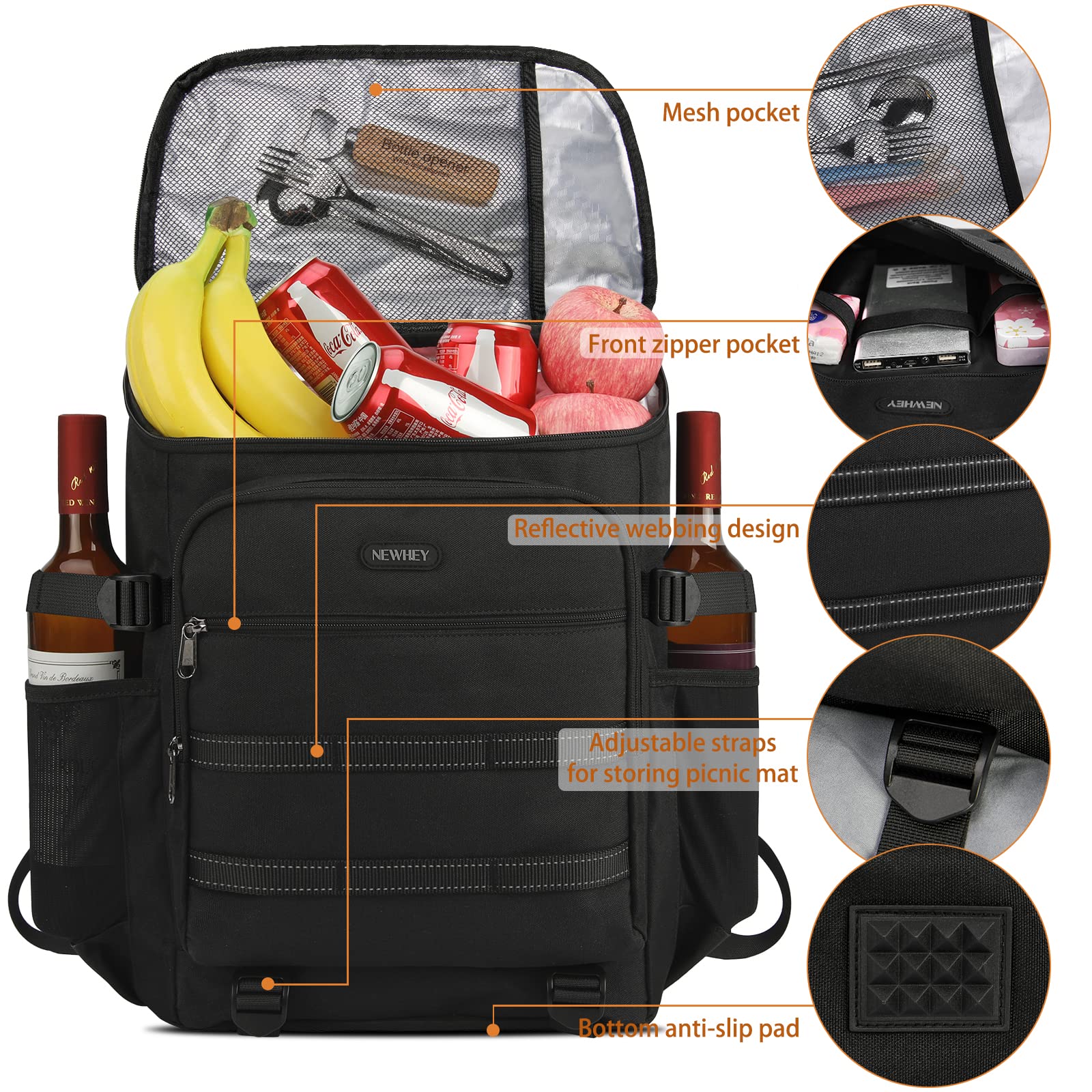 NEWHEY 30L Kühlrucksack Wasserdichten Isoliert Kühltasche Groß Picknickrucksäcke Leicht Lunch Tasche Rucksäcke Cooler Bag für Camping BBQ Wandern Picknick Schwarz