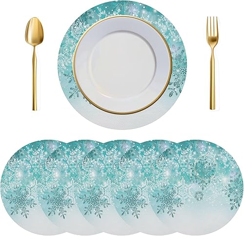 Miniatura 6 de Juego de 6 manteles individuales redondos, manteles individuales de copos de nieve dorados de Navidad, resistentes al calor, para mesa de comedor,