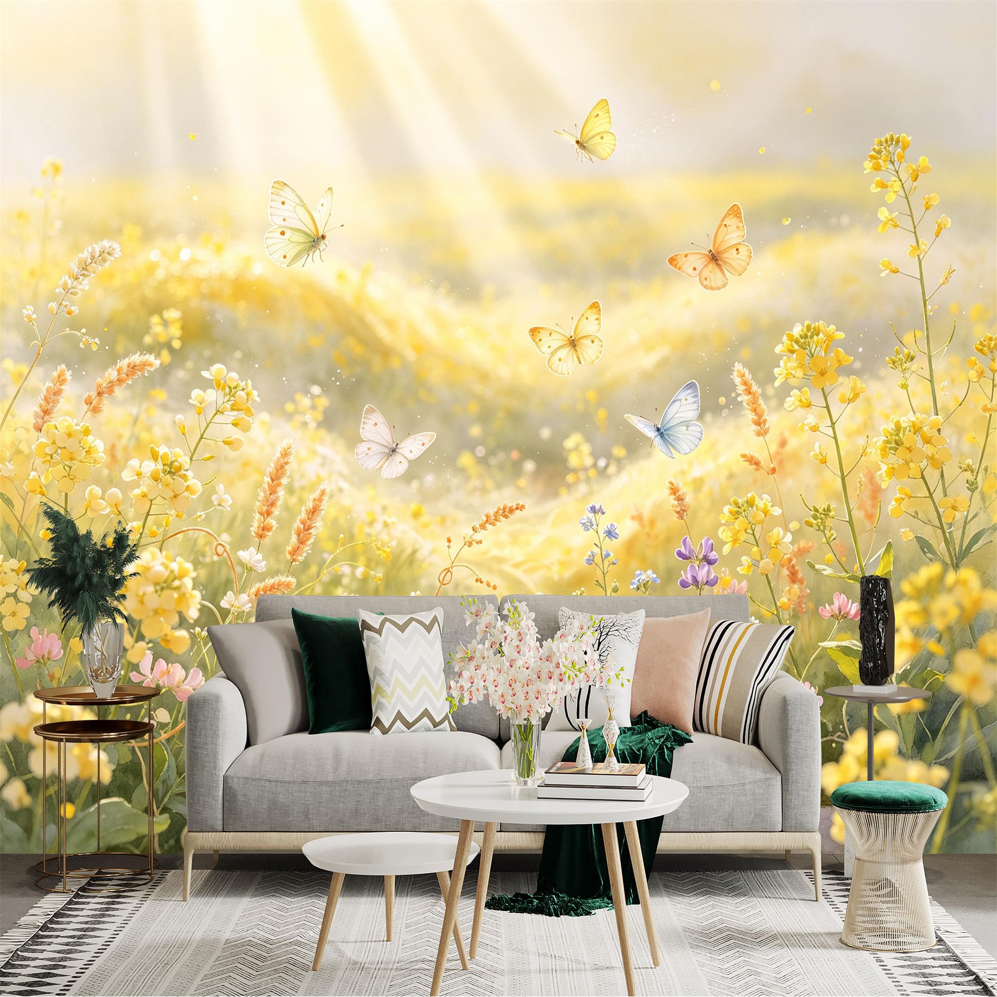 Lnzczhyre Bh260719709 Custom Size Wall Sticker Mural， Flying Butterflies In Sunny Meadow， Blooming Wildflowers And Soft Sunlight， For Wall Decoration， Peelandstick Wall Decals.