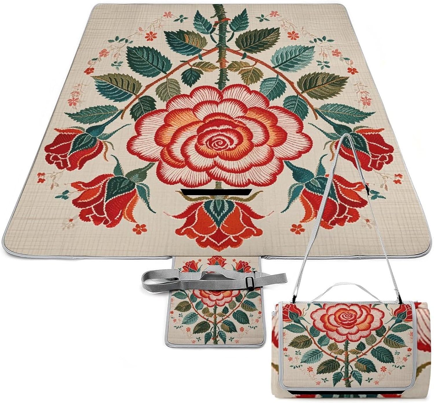 Outdoor Picnic Blanket Extra Large Beach Blanket Waterproof Picnic Mat Embroidery Style Rose Camping Blanket Portable with Carry Strap Park Blanket for Grass Camping Park