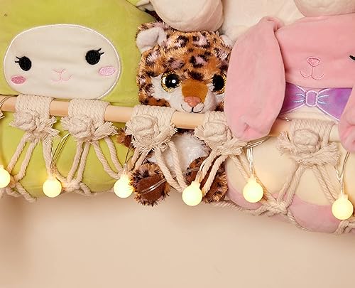 Miniatura 10 de Hamaca de macramé de almacenamiento de animales de peluche con luces de cadena, grande, decoración bohemia de habitación, almacenamiento de