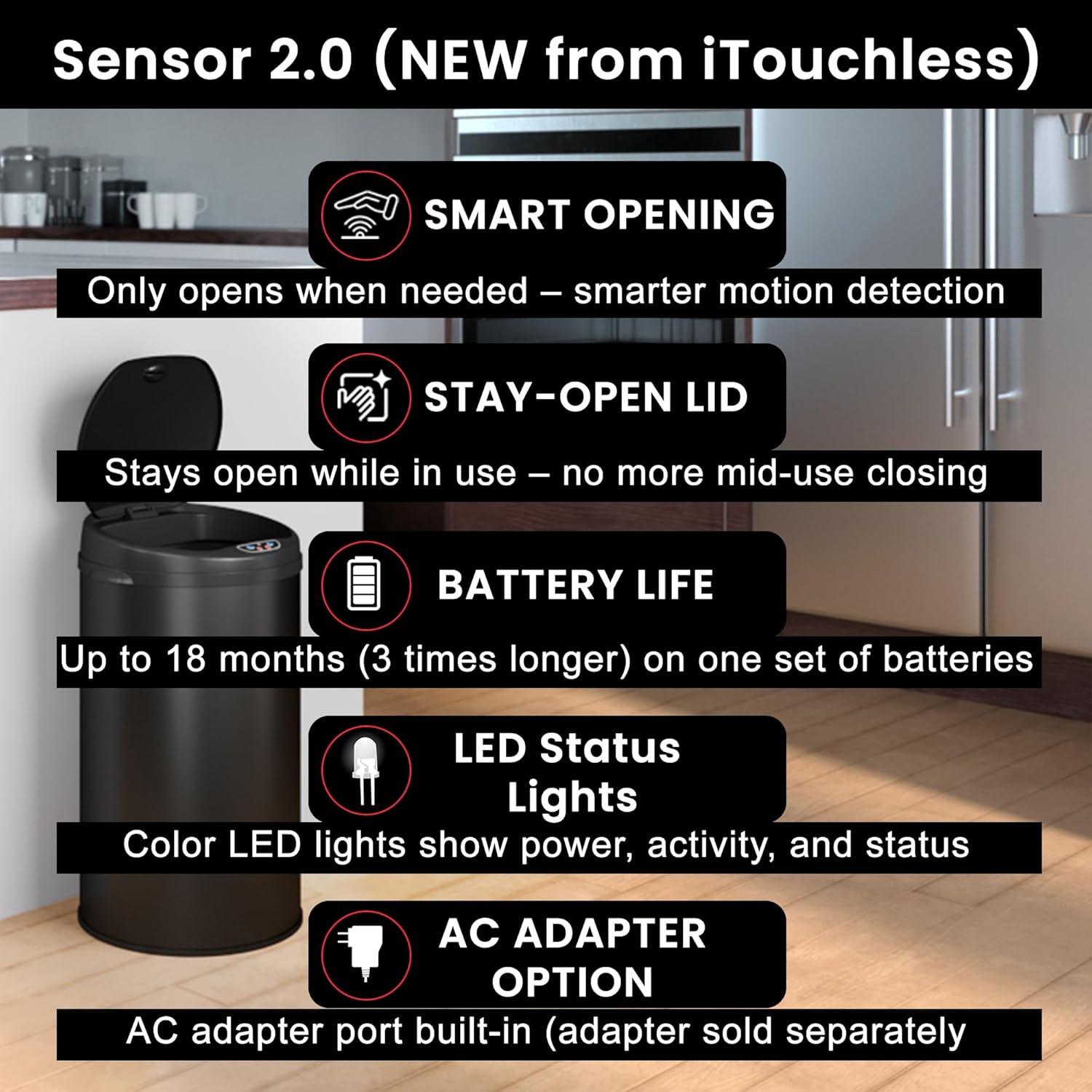 iTouchless 8 Gallon Black Stainless Steel Kitchen Trash Can with Sensor 2.0 – Next Gen Touchless Lid, AbsorbX Odor Filter, Battery or AC Power, Automatic Garbage Bin for Home, Office, or Bathroom