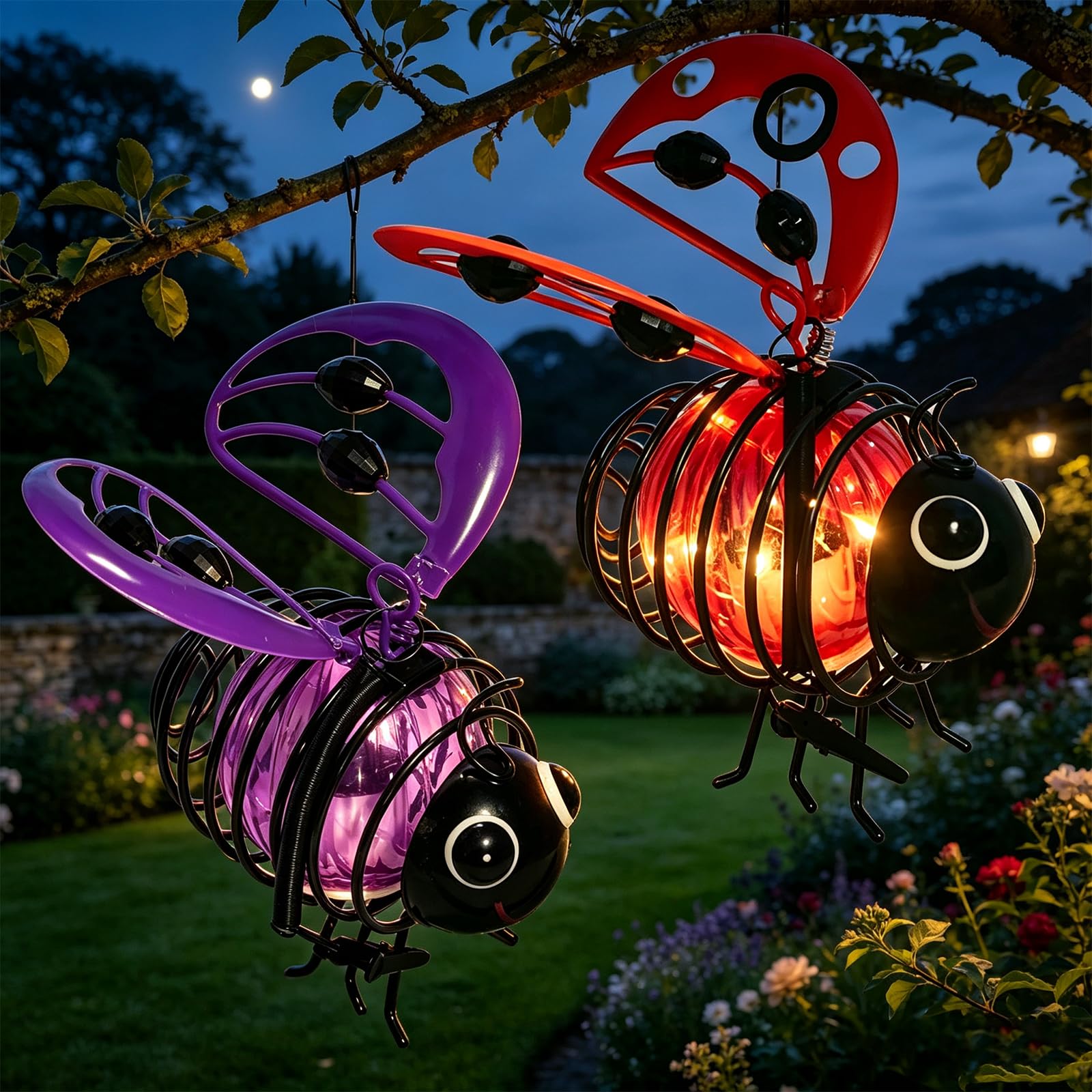 Solar Powered Hanging Bee Garden Light Outdoor, Metal Waterproof Garden Lantern, Auto-On Led Fairy Decor for Patio Yard Pathway (2pcs-c)