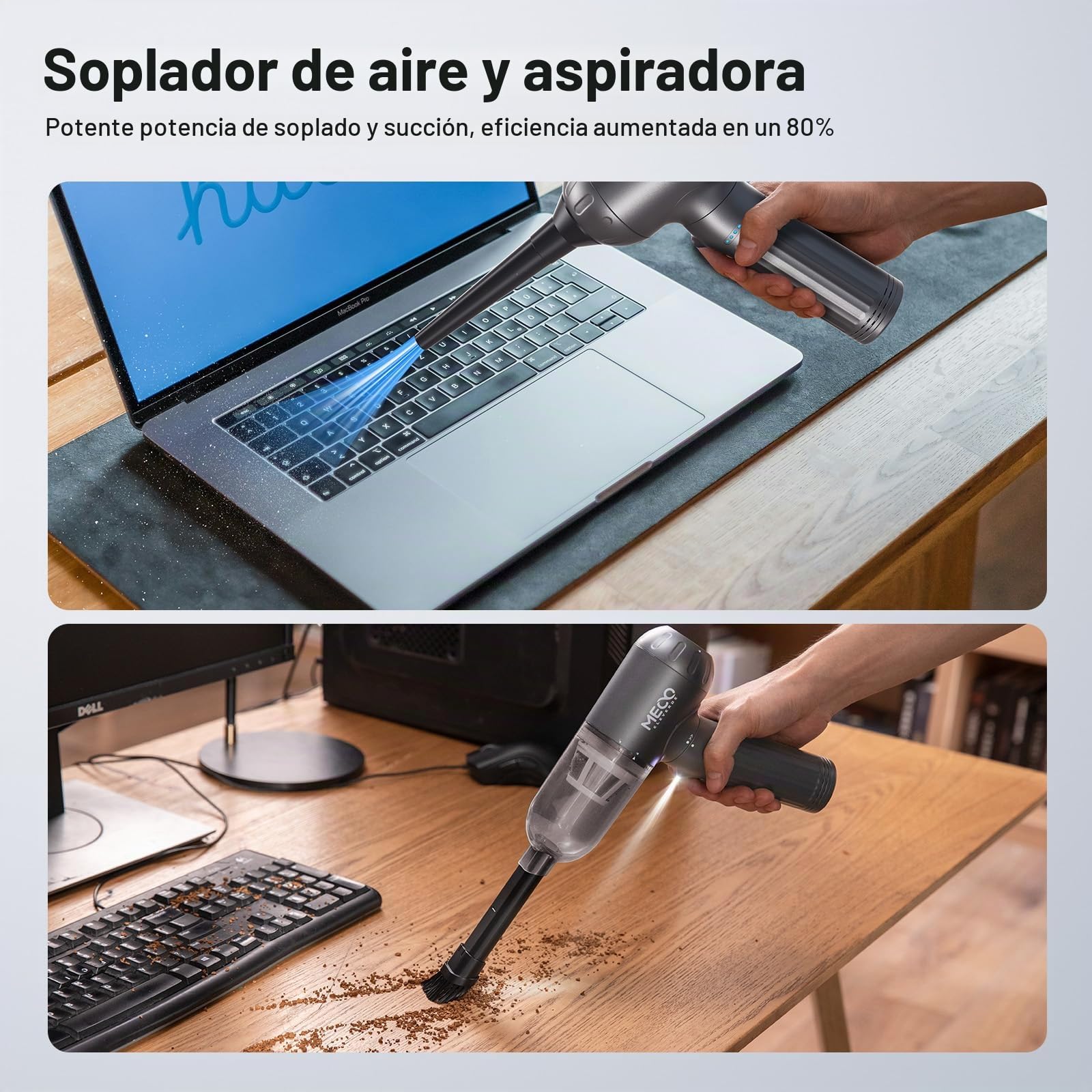 MECO ELEVERDE 4 en 1 Soplador de Polvo Eléctrico, Mini Aspiradora de Mano, 130,000RPM, 18Kpa, Portátil, Gris