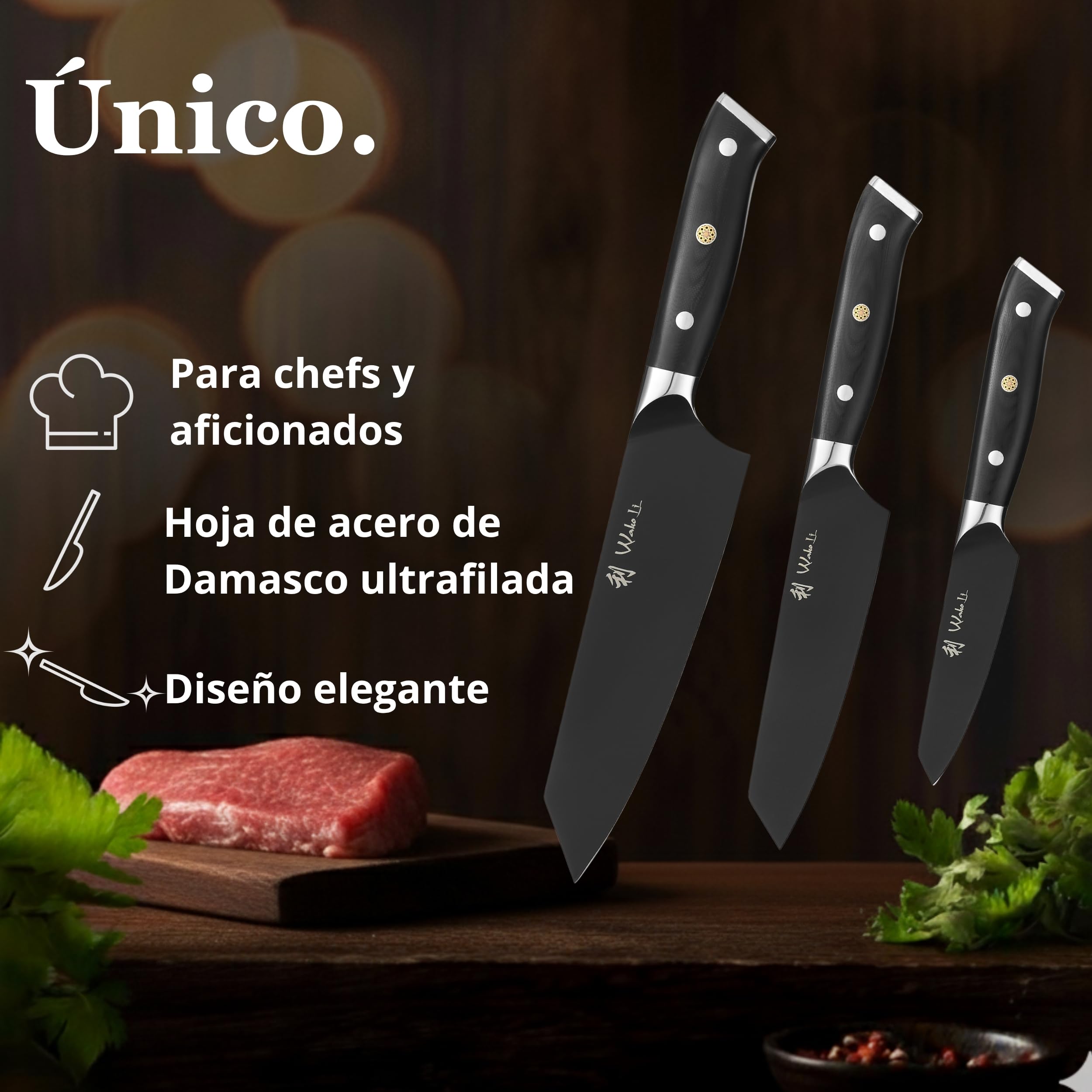 Wakoli Titanium Noir - Juego de cuchillos (3 piezas, acero inoxidable, revestimiento de titanio) | Con Kiritsuke, pequeño Kiritsuke y cuchillo de oficina, mangos G10, 55 ± 1 HRC y doble cara de 15 V en caja de madera