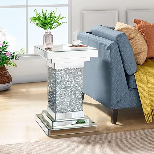 Miniatura 6 de Pregaspor Mesa auxiliar plateada con espejo, mesa auxiliar cuadrada con incrustaciones de cristal, moderna y hermosa mesa de centro para sala de