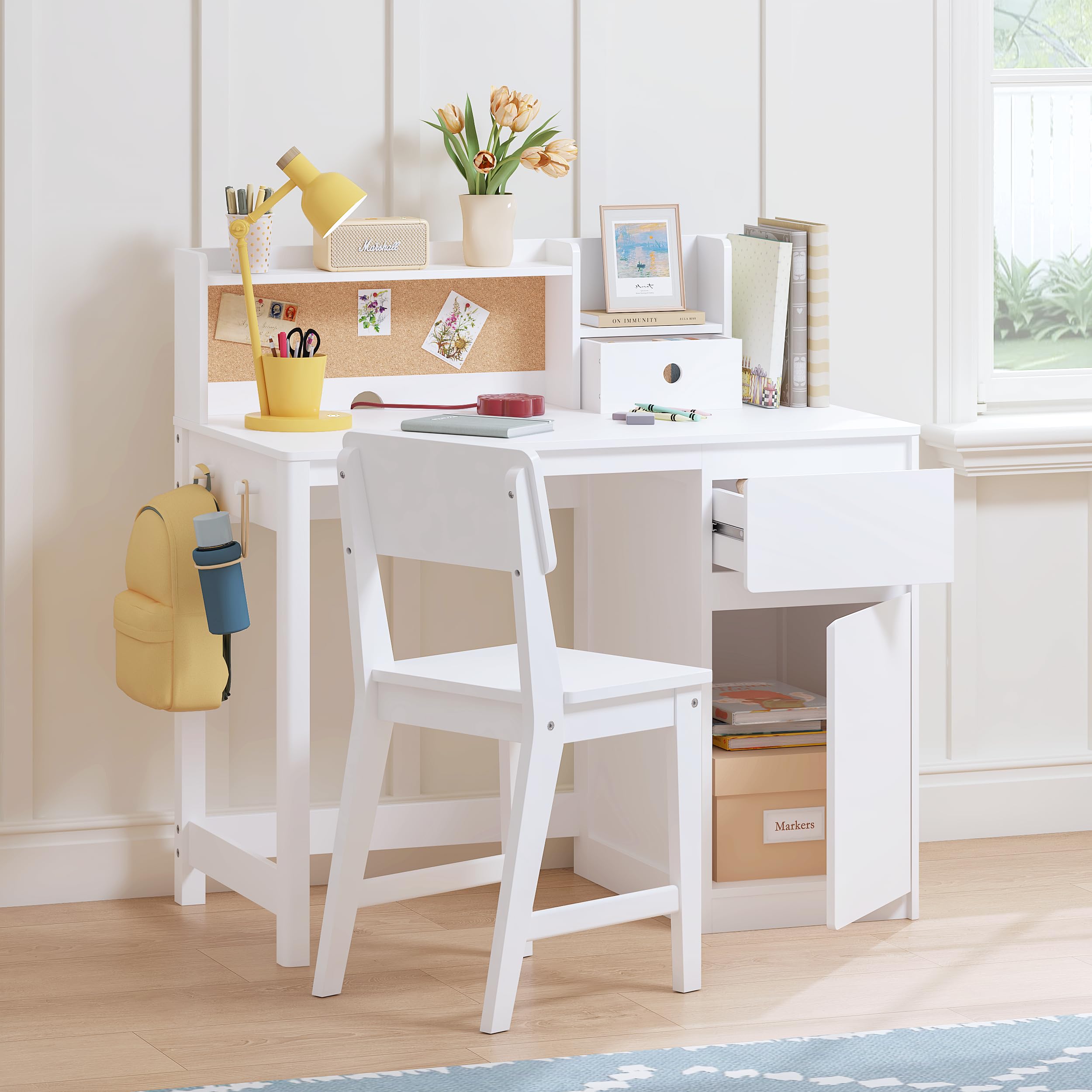 Juego de escritorio y silla para niños, escritorio de estudio para niños con gabinete para 5 a 12 años, mesa de estudio de madera para niños, mesa de escritura para estudiantes, estación de