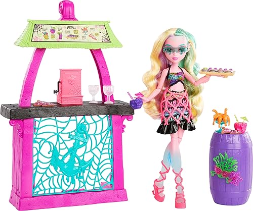 Monster High Muñeca y juego Lagoona Blue Scare-adise Island Snack Shack con accesorios de comida y bebidas que cambian de color