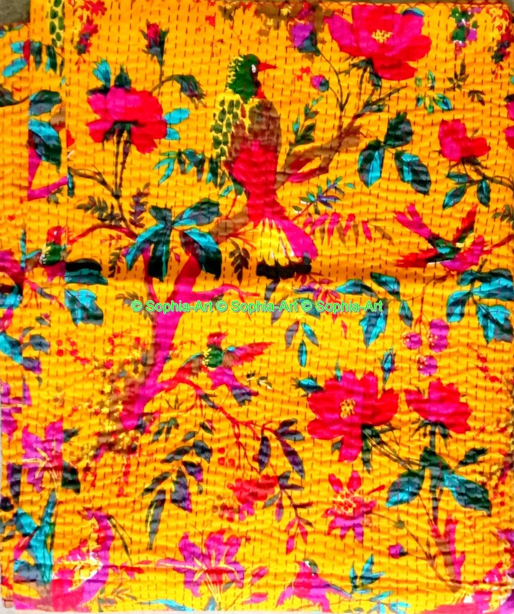 Sophia Art Indian Bohemain Bedding Kantha Vintage Ethnic Cotton Bird Kantha Quilt Coverlet Bedspread Patchwork Stitch Blanket Queen Size Kantha Quilt (Yellow 1)