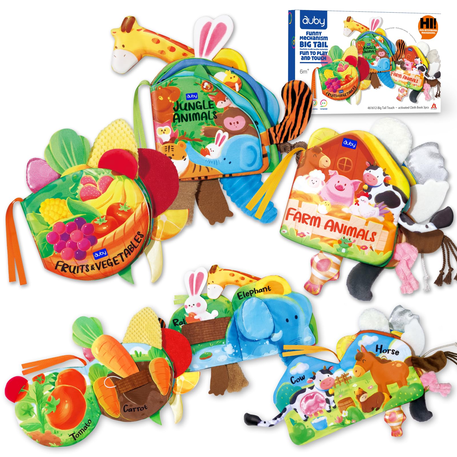 auby 3PCS Livre Tissu 0-12 Mois - Livres d'Éveil Interactifs à Queues 3D Texturées, Thèmes Animaux & Fruits, Jouets Eveil pour Bébés, Lavables en Machine, Cadeau Naissance Fille Garçon