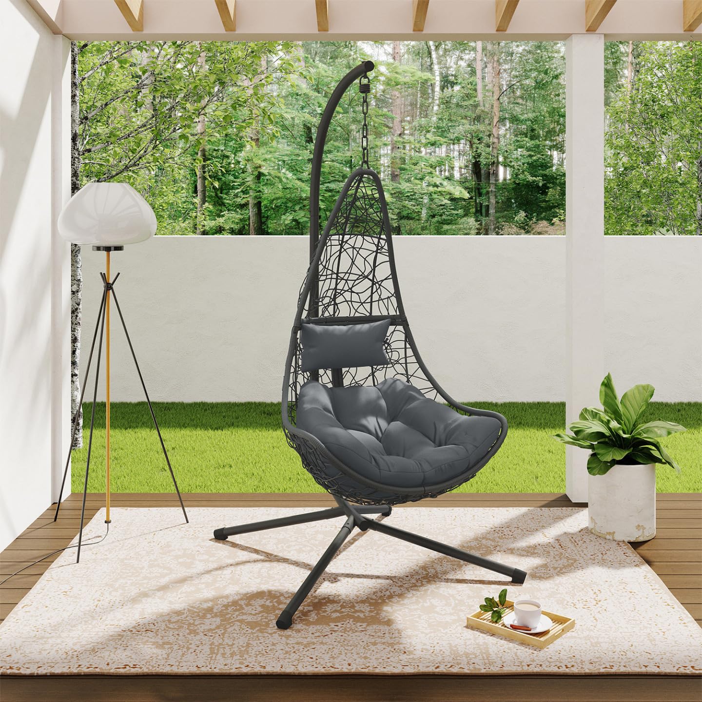 IDMarket - Silla colgante de media luna efecto ratán calado gris con cojín gris