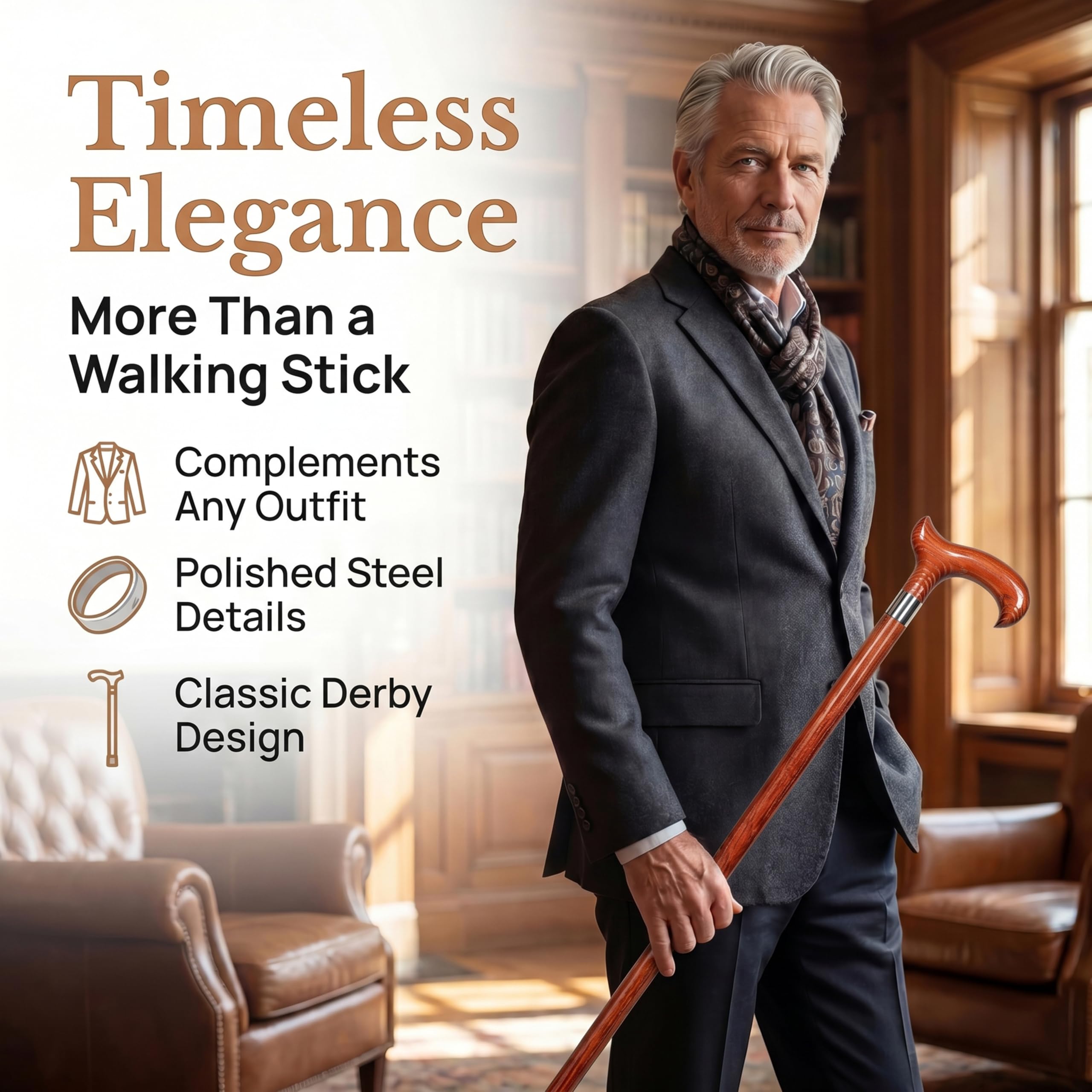 Dr. Watson Classic Derby Walking Stick – Handcrafted Ash Wood Cane with Polished Stainless Steel Collar