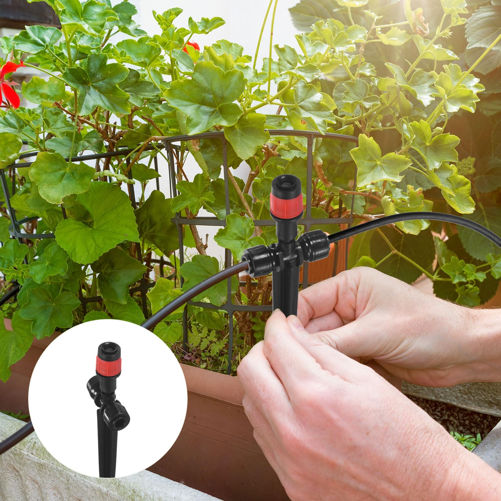 M METERXITY 24-Pack Drip Irrigation Emitters, 6"/15mm Drippers with Stake Adjustable 360 Degree Water Flow pour 1/4" Drip Irrigation Tubing pour Watering System [Red, Drip]