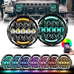 Aaiwa 7" LED Headlights for Wrangler, 7 inch Round LED RGB Headlight with DRL Amber Turn Signal Bluetooth Controll Compatible with Wrangler 1997-2017 TJ LJ JK JKU Unlimited Rubicon Sahara