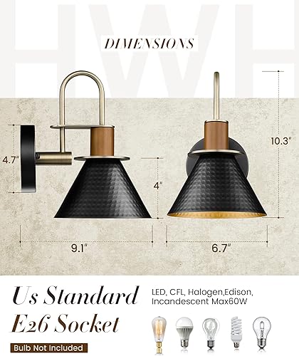 Miniatura 3 de HWH - Aplique de pared negro, lámpara industrial para interiores, lámpara de pared de una sola pared con pantalla de metal martillado, acabado negro