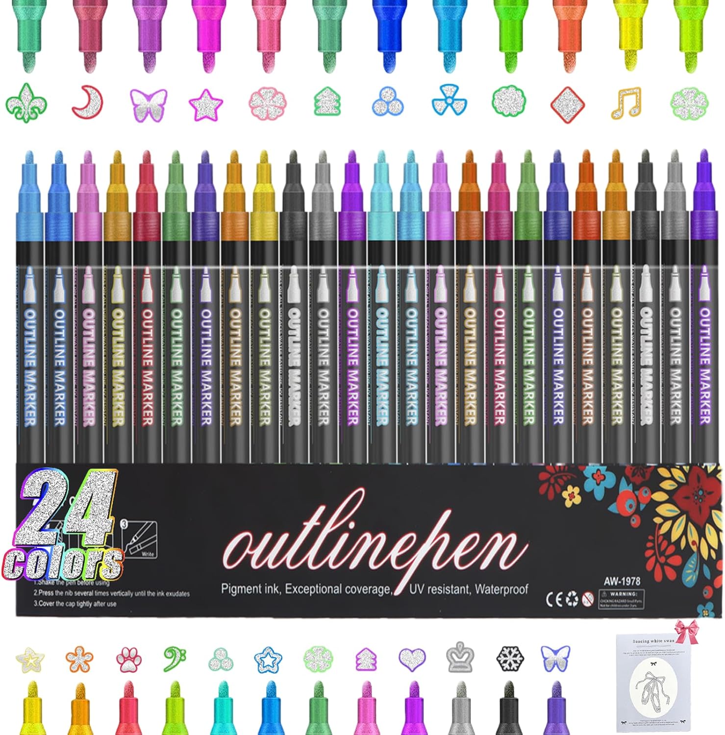 12/24/36/48 Colors Dreamy Sparkle Dual-Line Contour Pen, Quick-drying Self Outlining Glitter Markers, Double Line Outline Marker for Glass, Birthday Greeting Card, Doodling, DIY Art Crafts (24 Colors)