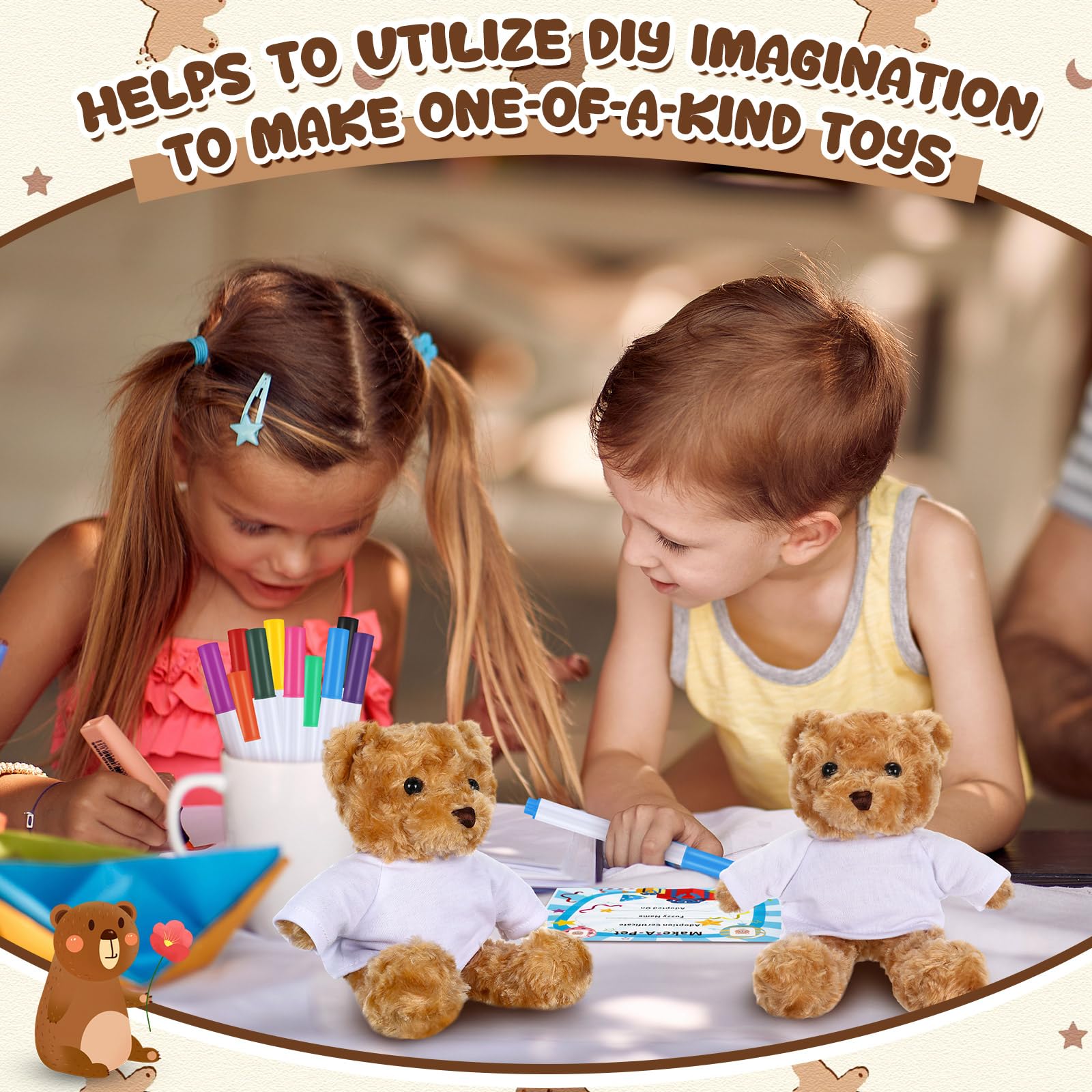 Blueweenly 20 Pcs Make Your Own Stuffed Bear Gift Kit 5 Pcs 9.84 Inches Rose Velvet Bear 5 White T Shirt 5 Set 12 Color Watercolor Pen 5 Paper Card DIY - Image 6