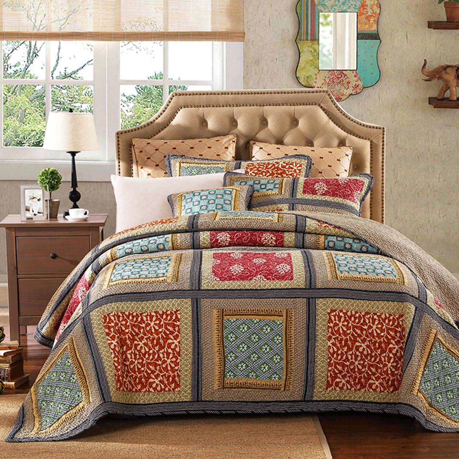 Algodón Floral Colcha Edredones, Ropa de Cama Hecha a Mano Patchwork 3pcs, Doble Acolchado Manta Queen Size Verano Edredón (Color : Multicolor, Size : 230x250cm)