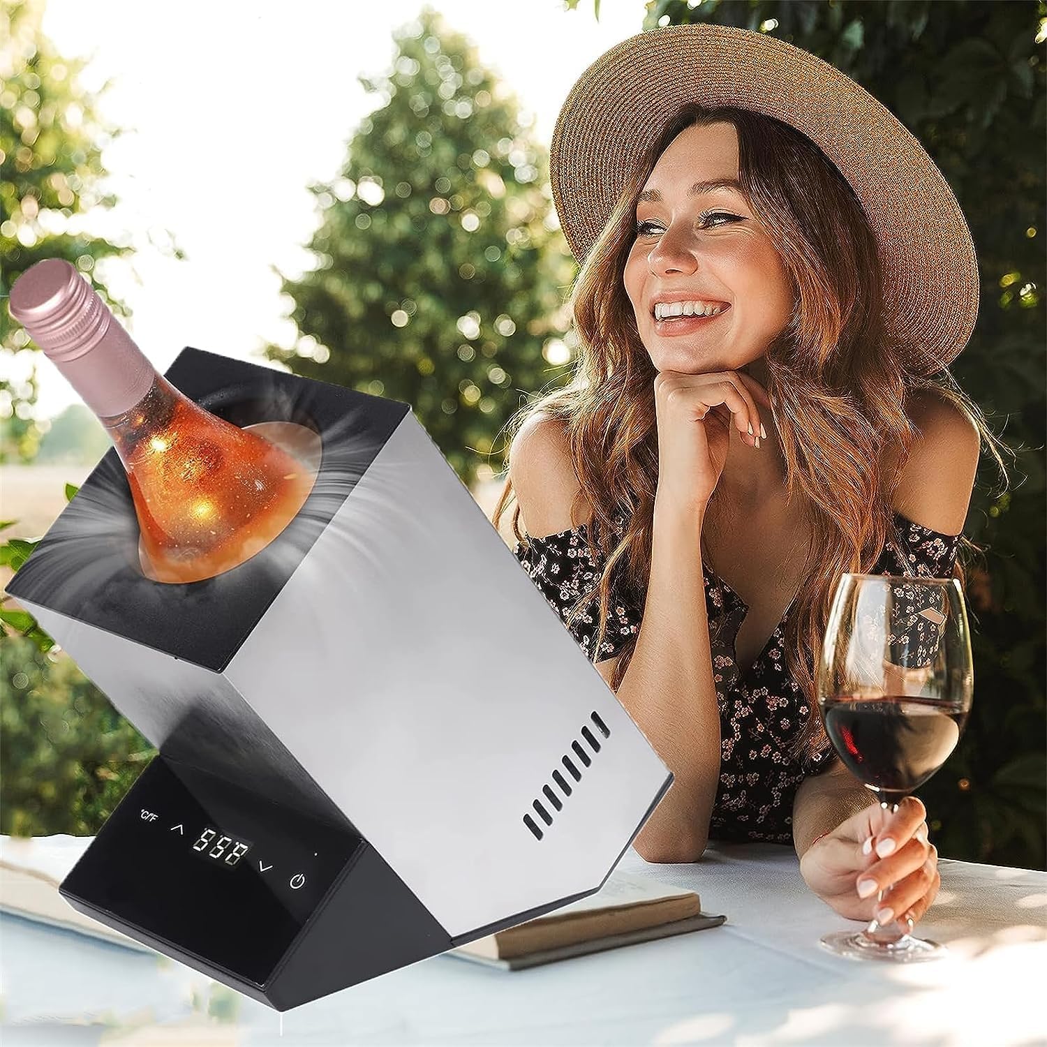 Electric Wine Cooler for 750ml Wine, Champagne Bucket Iceless Wine Chiller with Touch Screen Temperature Controls, Single Bottle Stainless Steel Chiller for Kitchen