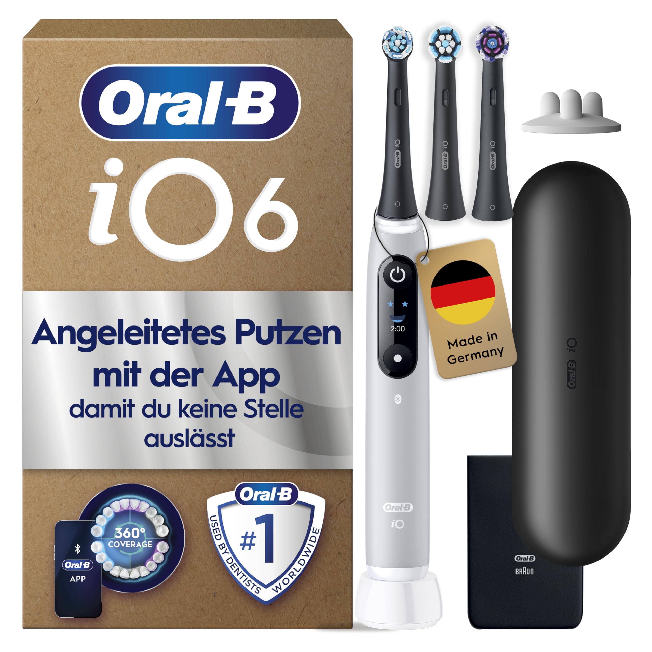 Oral-B iO Series 6 Plus Edition Electric Toothbrush, Plus 3 Replacement Toothbrush Heads, 5 Cleaning Modes for Dental Care, Travel Case, Designed by Braun, Grey Opal