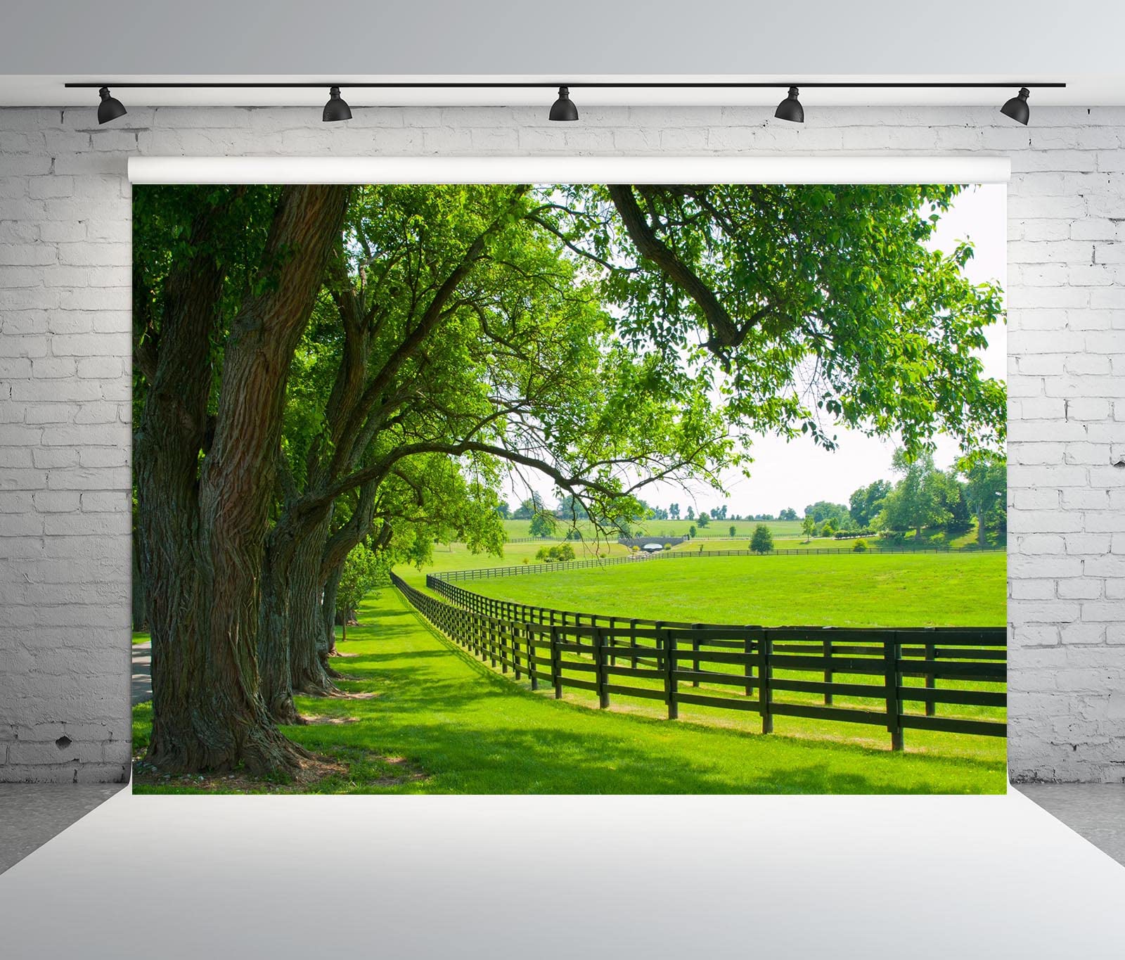BELECO 3x2.5m Telo sfondo fattoria di cavalli | Allevamento cavalli recinto legno rustico pascolo primavera alberi verdi prato ranch sfondo derby cavalieri foto