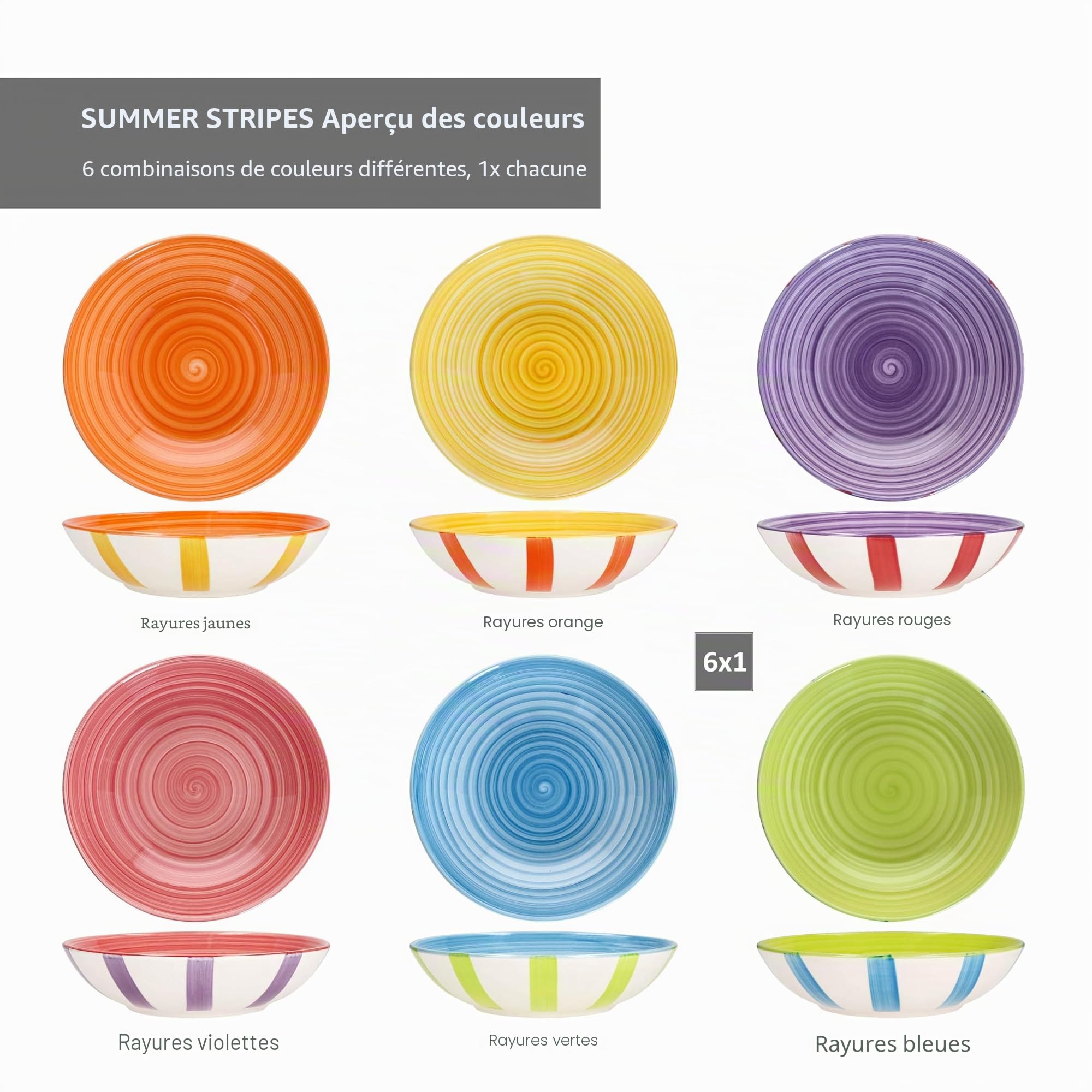 MamboCat Summer Stripes - Lot de 6 assiettes creuses - 600 ml - En faïence avec rayures colorées - Pour 6 personnes - Pour salade, soupe, céréales, pâtes, etc.
