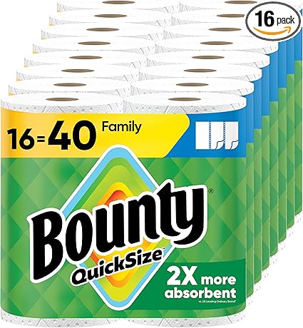 Bounty Paper Towels Quick Size, White, 16 Family Rolls = 40 Regular Rolls