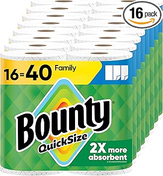 Bounty Paper Towels Quick Size, White, 16 Family Rolls = 40 Regular Rolls