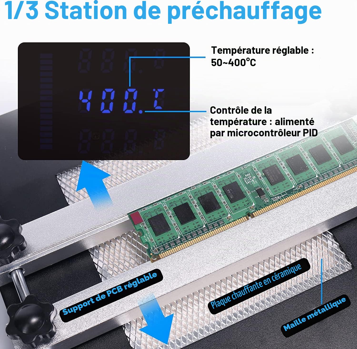 YIHUA 853AAA Station de soudage à air chaud SMD Ensemble de station de fer à souder Station de dessoudage Station de reprise Plaque de préchauffage 3-EN-1 avec accessoires (prise EU)
