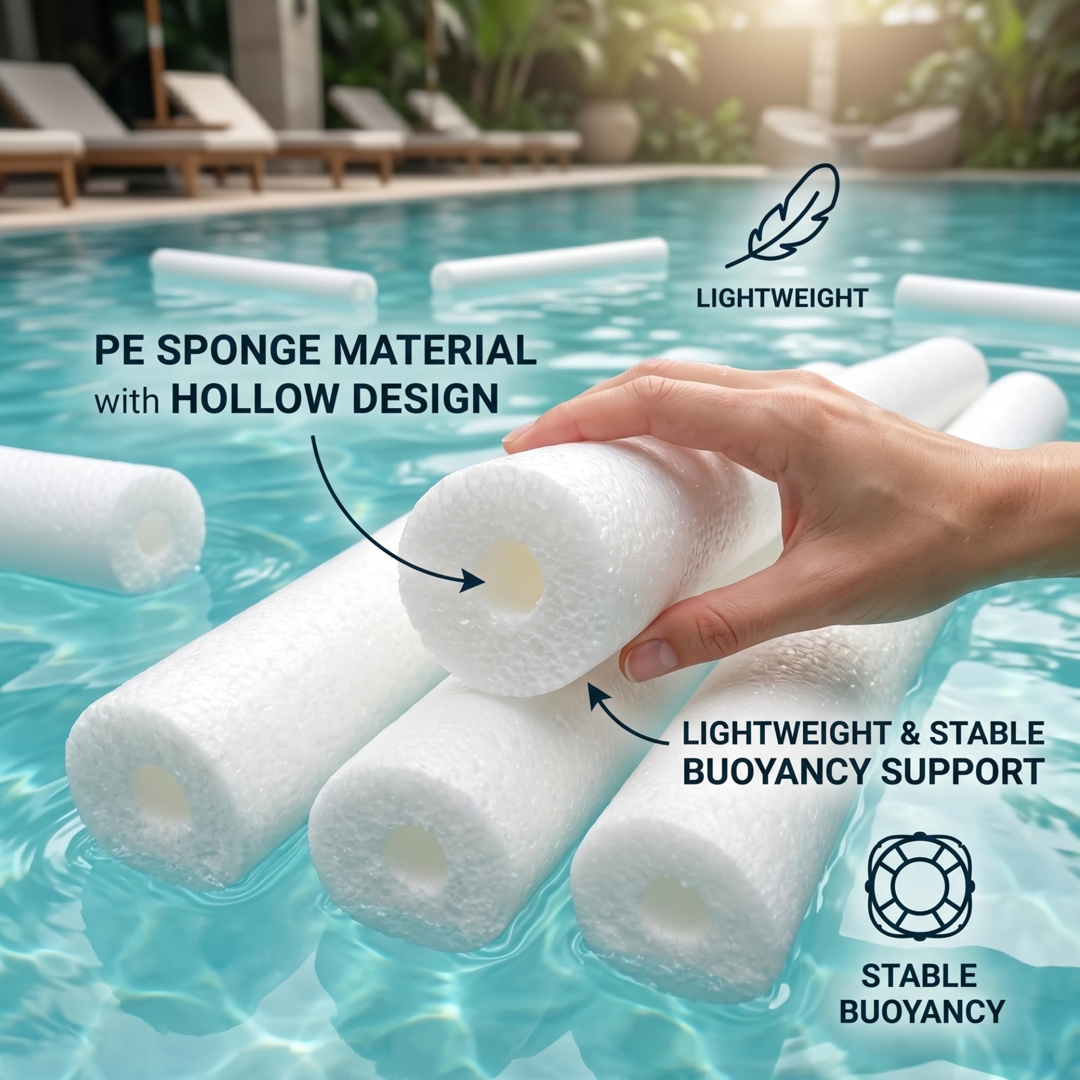 6 fideos de piscina a granel, flotador de natación de espuma de polietileno hueco de 59 pulgadas, antideslizante, absorbe los golpes, color negro