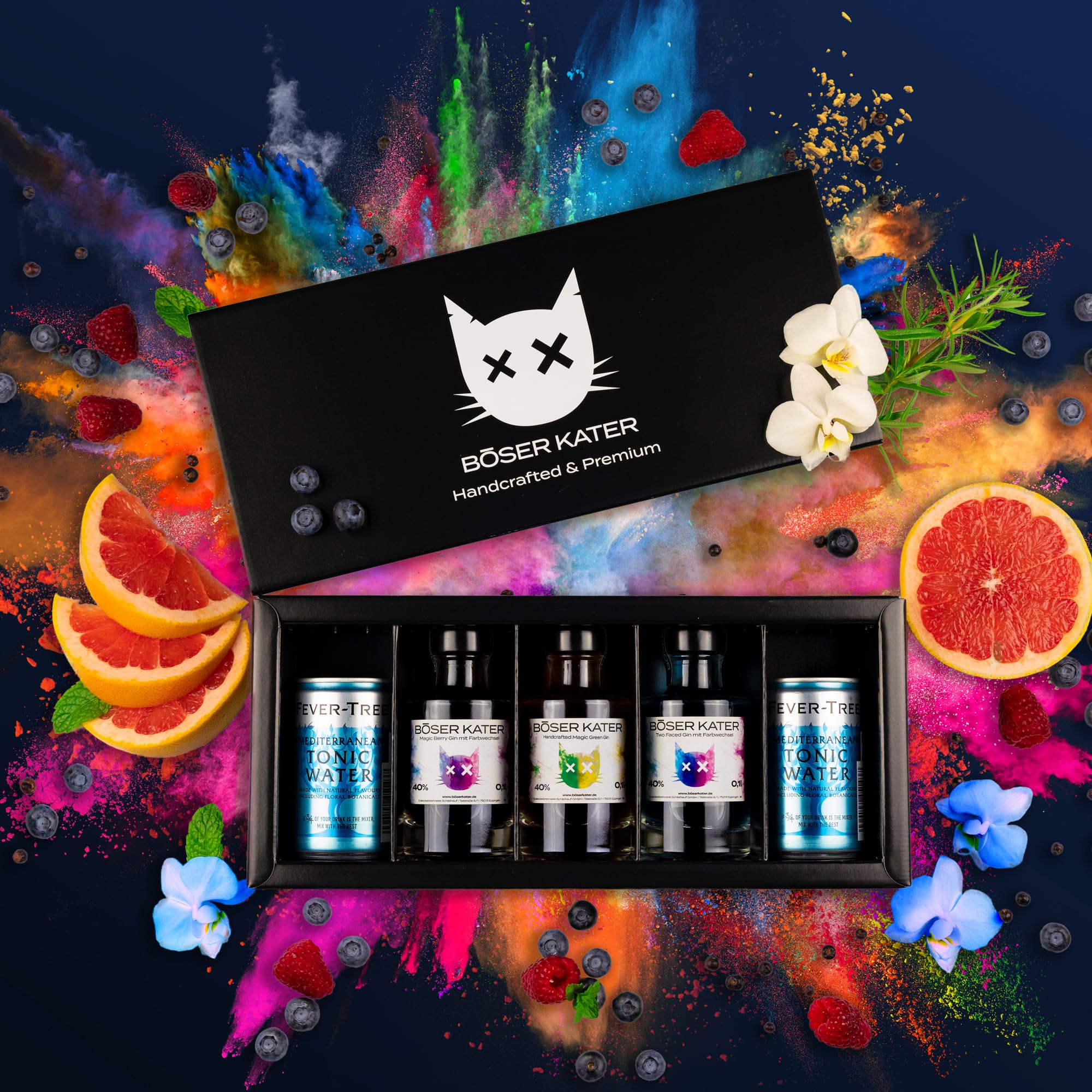 BÖSER KATER Farbwechsel Gin Tasting-Set | Hochwertige Geschenkbox | Perfekte Geschenkidee | 3 Sorten Farbwechsel Gin + 2 Dosen Fever Tree Tonic Water | für bis zu 5 Personen | 300 ml 40% Vol.