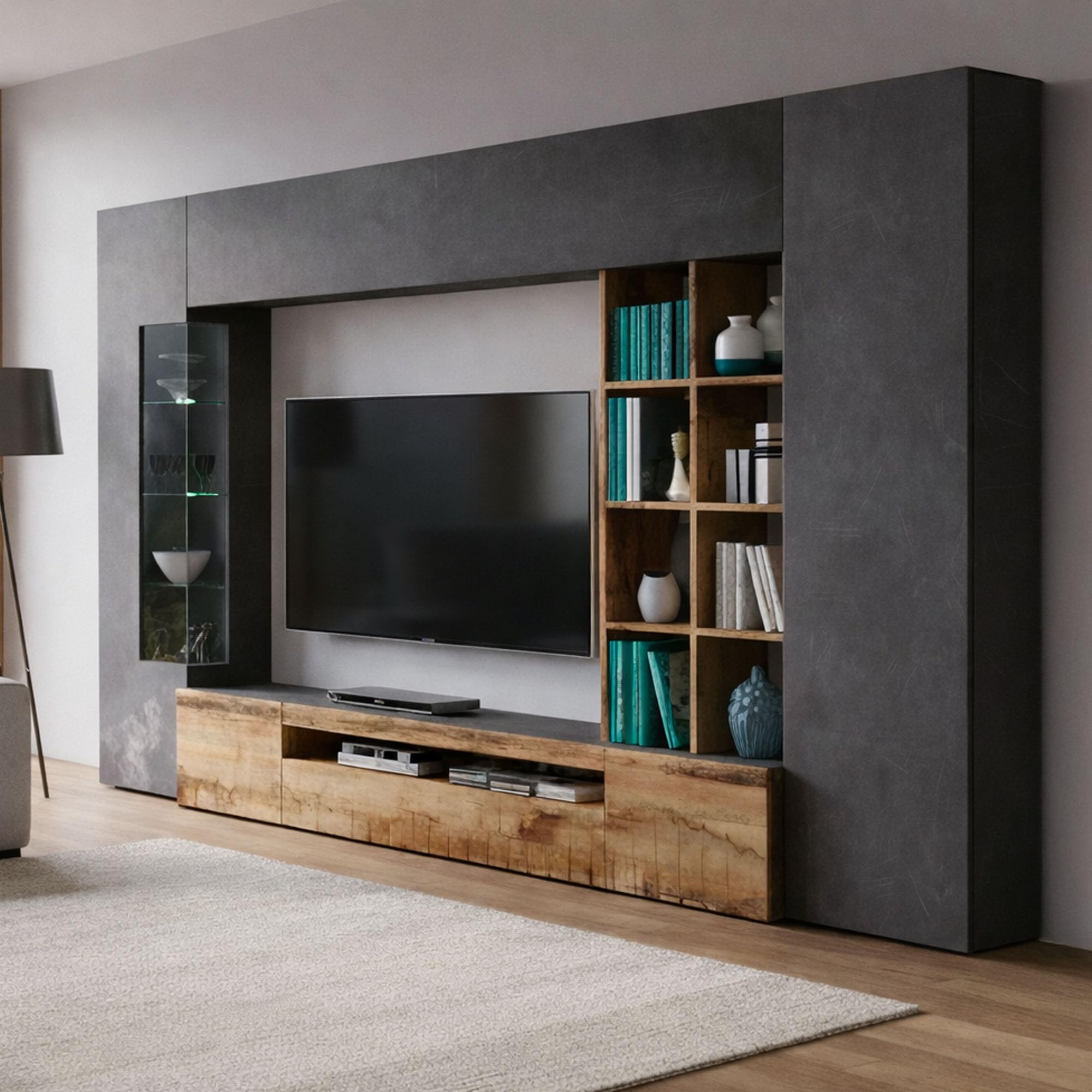 Dmora Parete Attrezzata Ocean 40x290x192h cm Grigio Ardesia 20 Ripiani 6 Ante, Apertura Battente e a Ribalta Made in Italy
