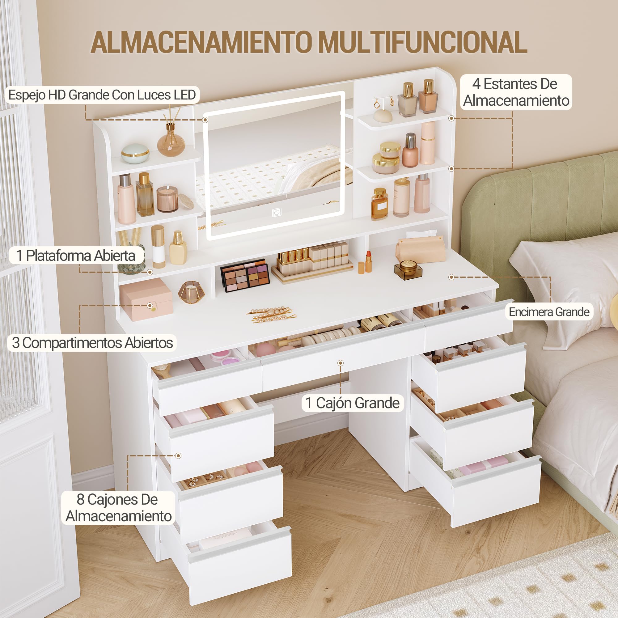 Tocador Grande con Iluminación LED, 3 Colores, Brillo Ajustable, Mesa de Maquillaje con Espejo, 9 Cajones, Estilo Moderno, Blanca-Plata