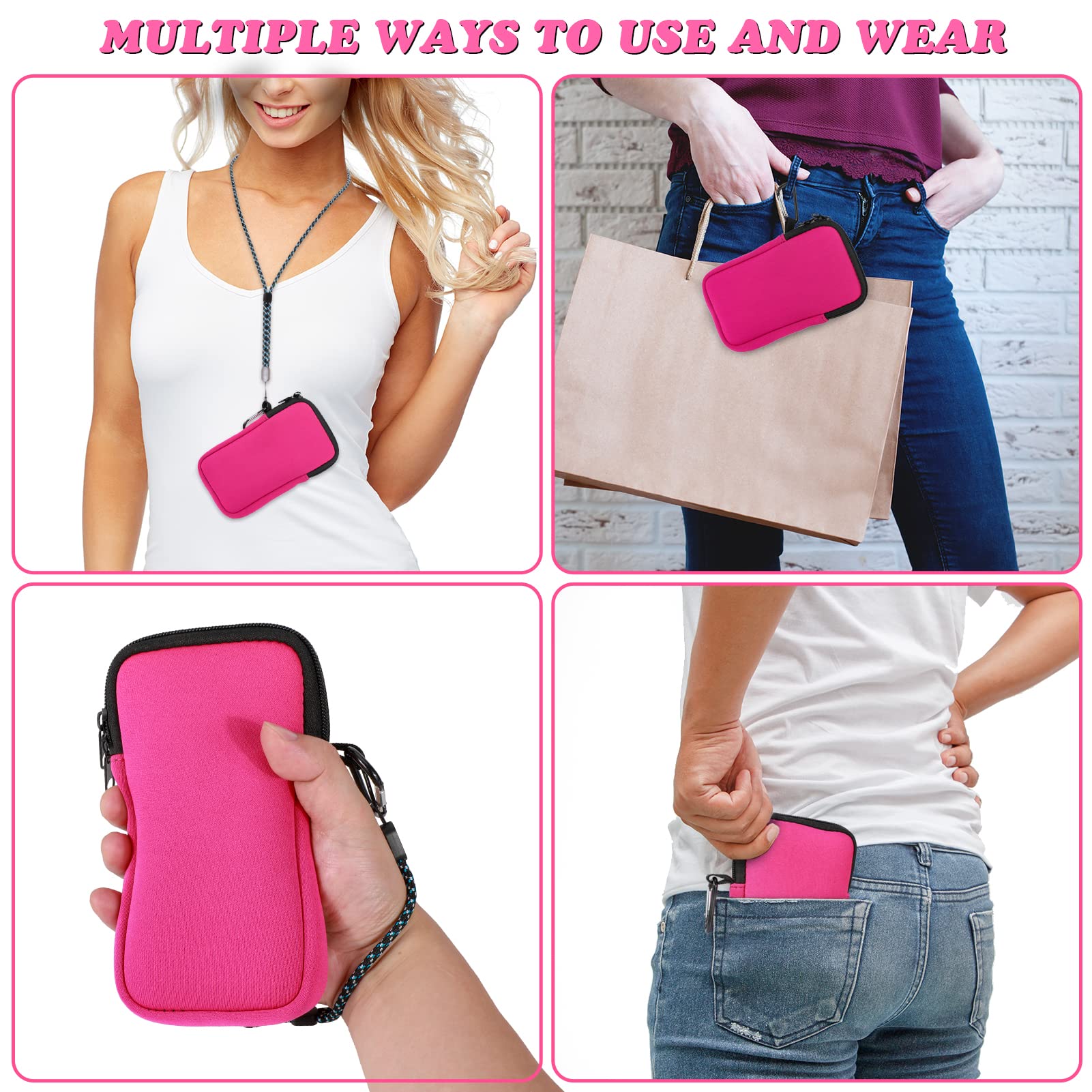 Custodia in Neoprene con Cerniera per Smartphone, Universali Astuccio Portacellulare a Sacchetto Borsa Verticale impermeabile Custodia per Telefono con Cordino e Moschettone for iPhone, Samsung, Rosa