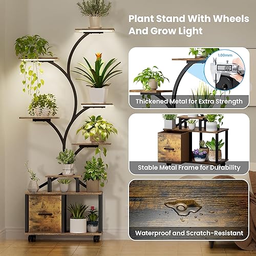 Miniatura 4 de Soporte para plantas de 65 pulgadas con luz de crecimiento, estante de plantas de interior de 9 niveles con cajón, soporte de estante de esquina