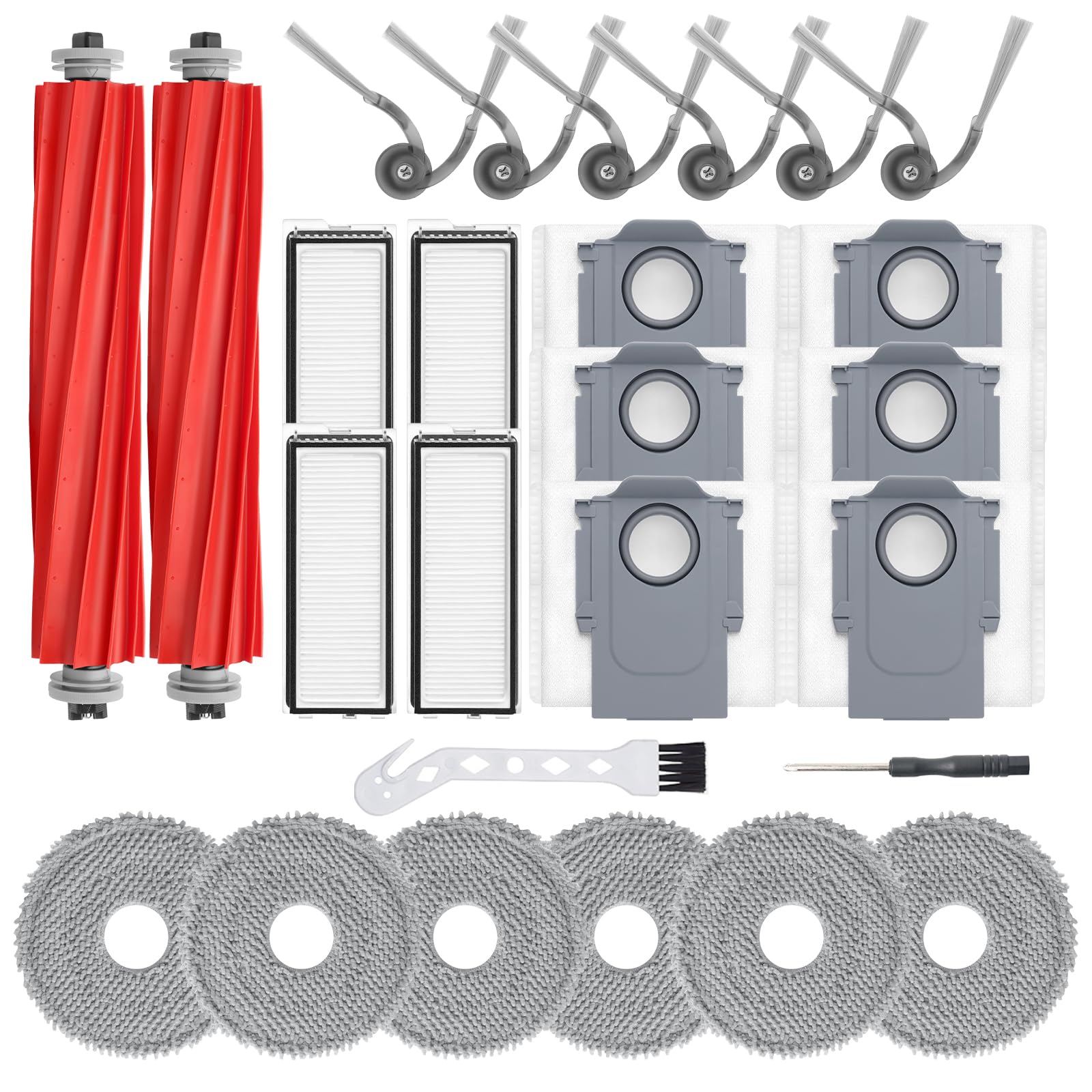 BUXEBUX 26 Stück Zubehör für Roborock QV 35A, QV 35S Saugroboter Ersatzteile, 2 Hauptbürsten, 4 HEPA-Filter, 6 Wischpads, 6 Seitenbürsten, 6 Staubbeutel, 1 Schraubendreher, 1 Sauberes Werkzeug