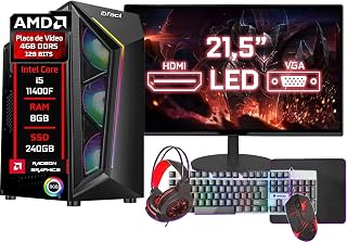 PC Gamer Blue PC Completo Intel Core I5 11400F 8GB DDR4 Radeon 4GB SSD 240GB Monitor 21" - Kit Gamer Teclado Mouse Headset